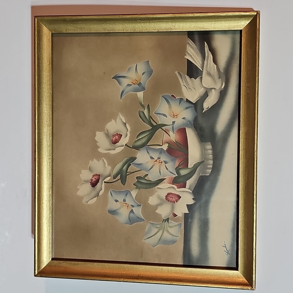 Vintage Mid-Century Framed Morning Glory Floral Bowl w/ Dove Still Life, Locke
